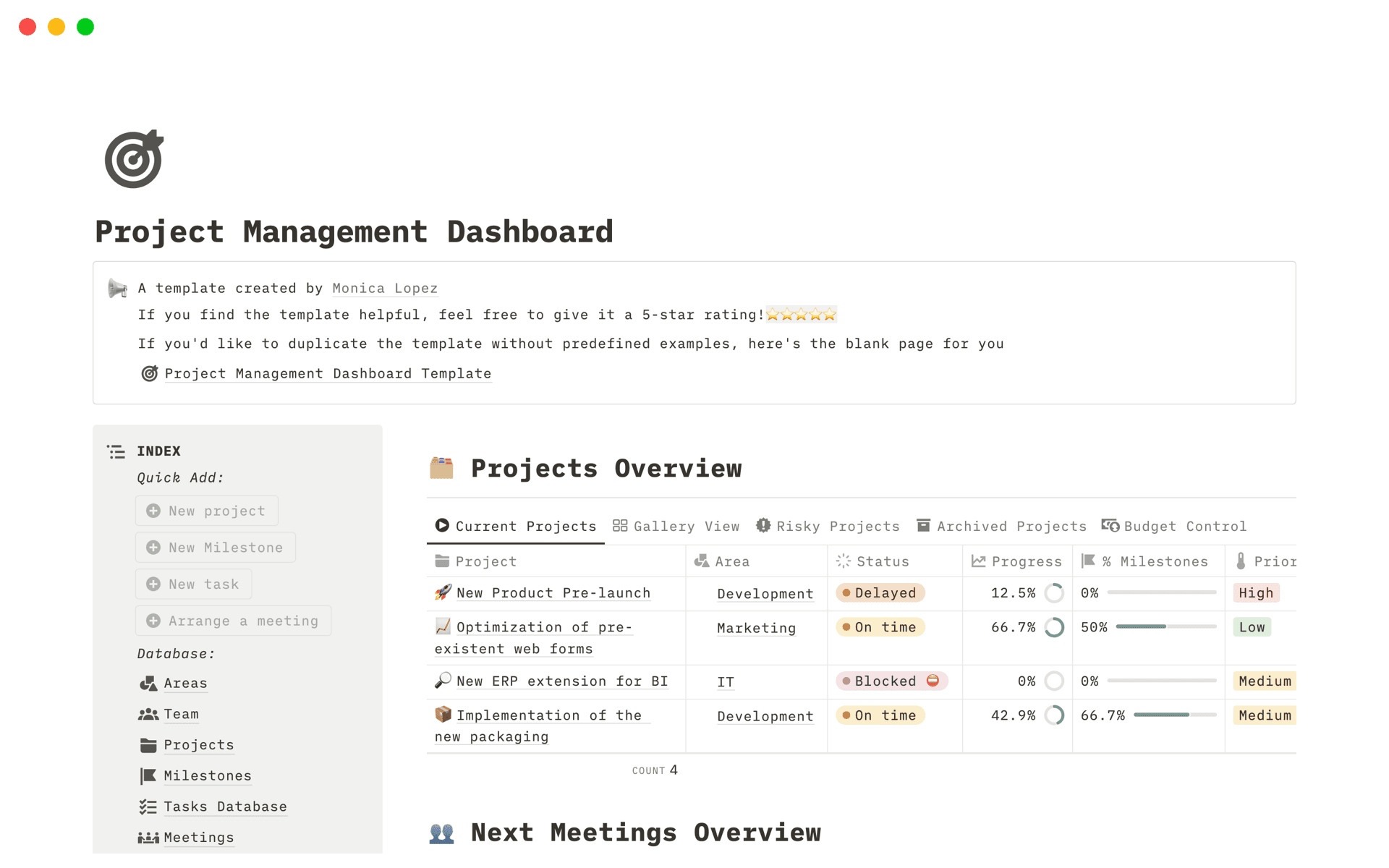 A Notion project dashboard shows a shared view of current projects, status labels, progress bars, and next meetings.