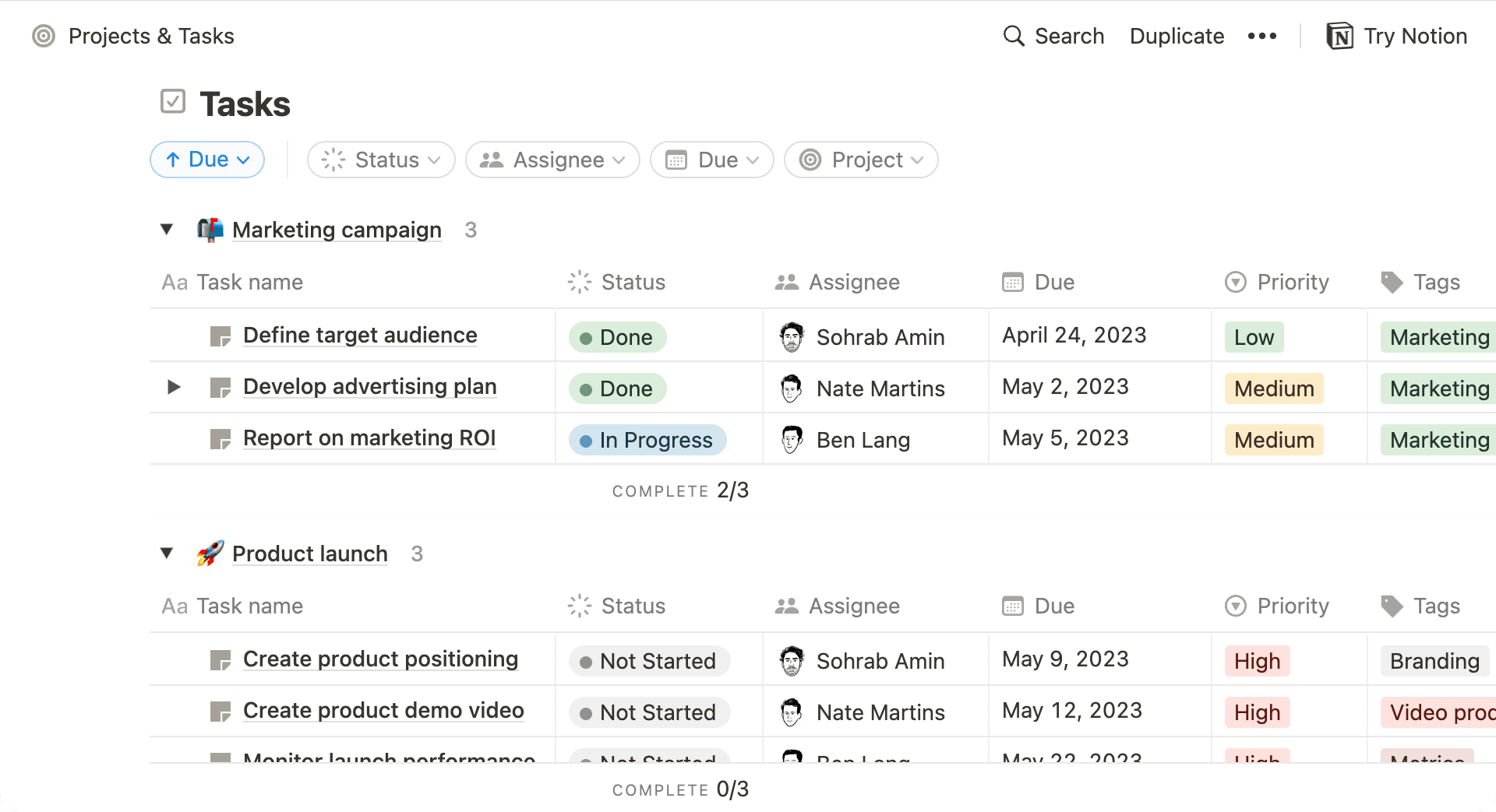 projects tasks template