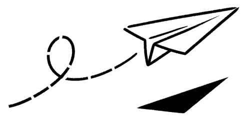 Um desenho minimalista em preto e branco de um avião de papel voando pelo ar.