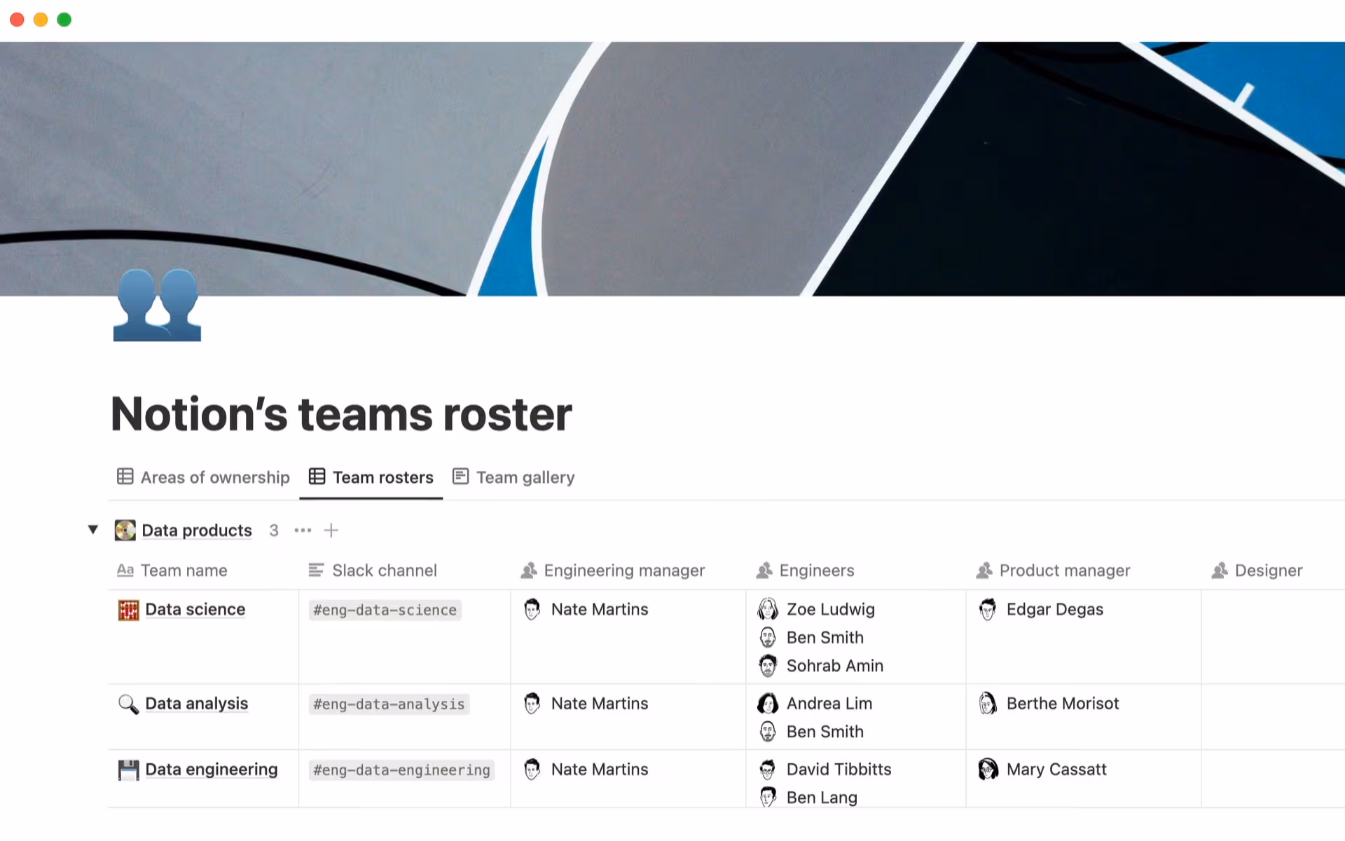 Notion’s teams roster database, in order of team names