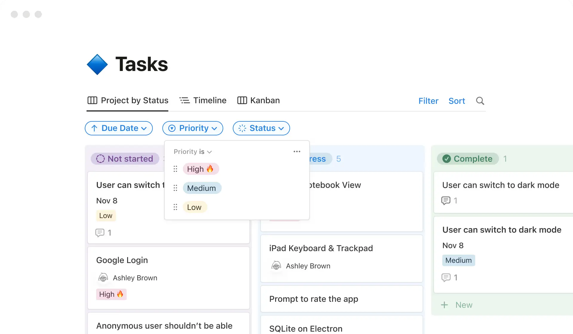 A task database in Notion, sorted by task priority