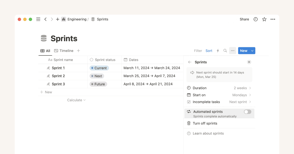 Sprints, simplified with Notionโs sprint tracking system