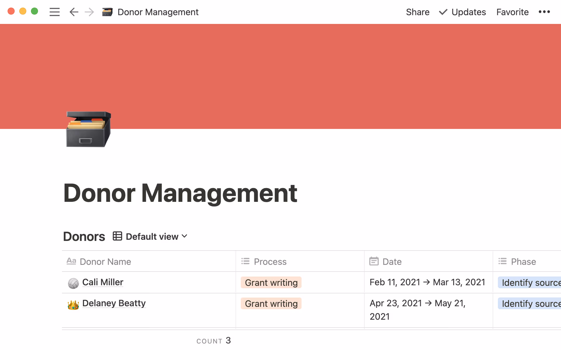 Visualização de base de dados de um documento de gestão de contribuições, mostrando os diferentes doadores e informações sobre cada um deles.