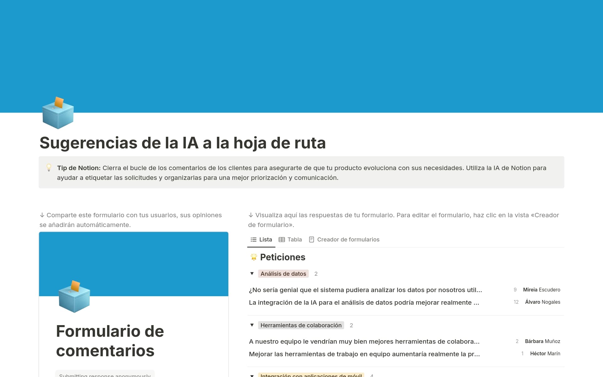 Vista previa de plantilla para Registro de opiniones en la hoja de ruta de producto